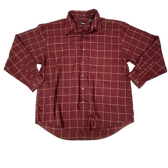 Van Heusen Mens Large Burgandy Plaid Button Up Shirt Long Sleeve 16 - 16.5 - Picture 1 of 7